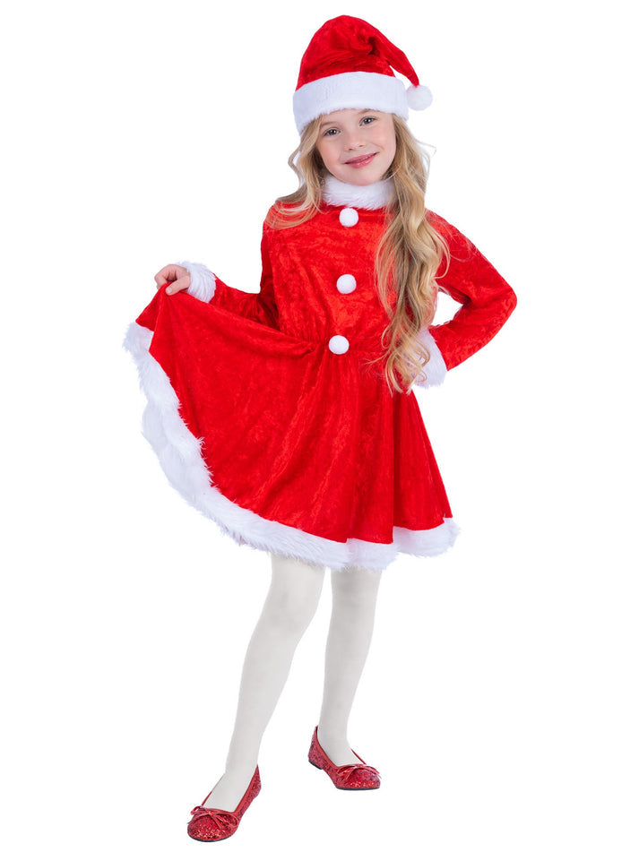 Mini Miss Santa Costume Kids Red Velour Dress with White Fake Fur Trim and Matching Hat