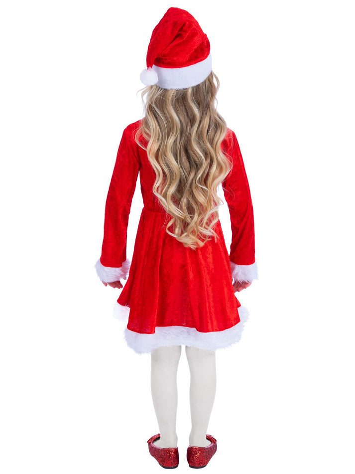 Mini Miss Santa Costume Kids Red Velour Dress with White Fake Fur Trim and Matching Hat 3