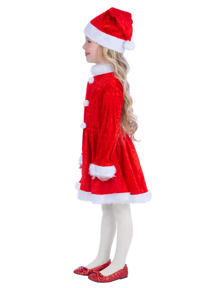 Mini Miss Santa Costume Kids Red Velour Dress with White Fake Fur Trim and Matching Hat