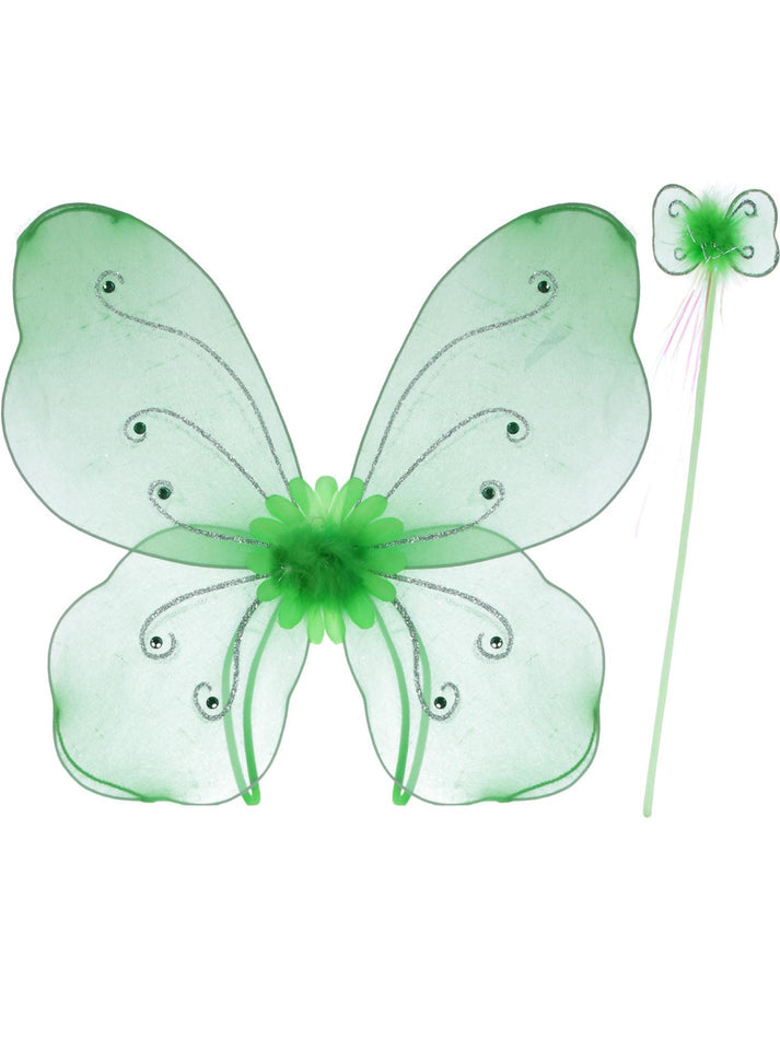 Butterfly Wings and Wand Kids Green Fairy Costume Accessory Set 3