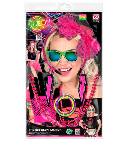 Neon Pink The 80S Fashion Accessories  Lace Bow Headband, 2 Beaded Necklaces, Pair Of Earrings, Pair Of Fingerless Fishnet Gloves, 10 Bracelets 