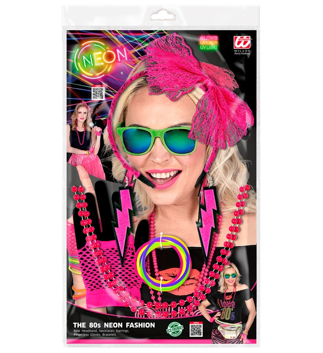 Neon Pink The 80S Fashion Accessories  Lace Bow Headband, 2 Beaded Necklaces, Pair Of Earrings, Pair Of Fingerless Fishnet Gloves, 10 Bracelets 