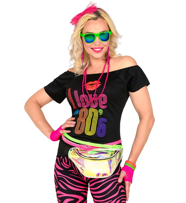 Neon Pink The 80S Fashion Accessories  Lace Bow Headband, 2 Beaded Necklaces, Pair Of Earrings, Pair Of Fingerless Fishnet Gloves, 10 Bracelets 