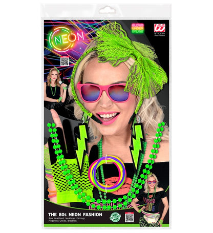 Neon Green The 80S Fashion Accessories  Lace Bow Headband, 2 Beaded Necklaces, Pair Of Earrings, Pair Of Fingerless Fishnet Gloves, 10 Bracelets 