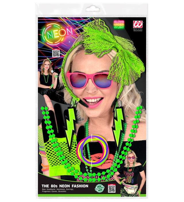 Neon Green The 80S Fashion Accessories  Lace Bow Headband, 2 Beaded Necklaces, Pair Of Earrings, Pair Of Fingerless Fishnet Gloves, 10 Bracelets 