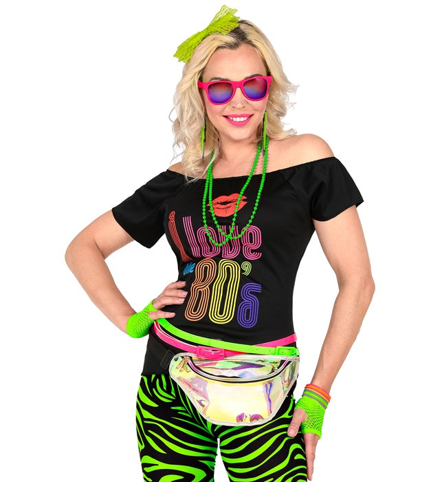 Neon Green The 80S Fashion Accessories  Lace Bow Headband, 2 Beaded Necklaces, Pair Of Earrings, Pair Of Fingerless Fishnet Gloves, 10 Bracelets 