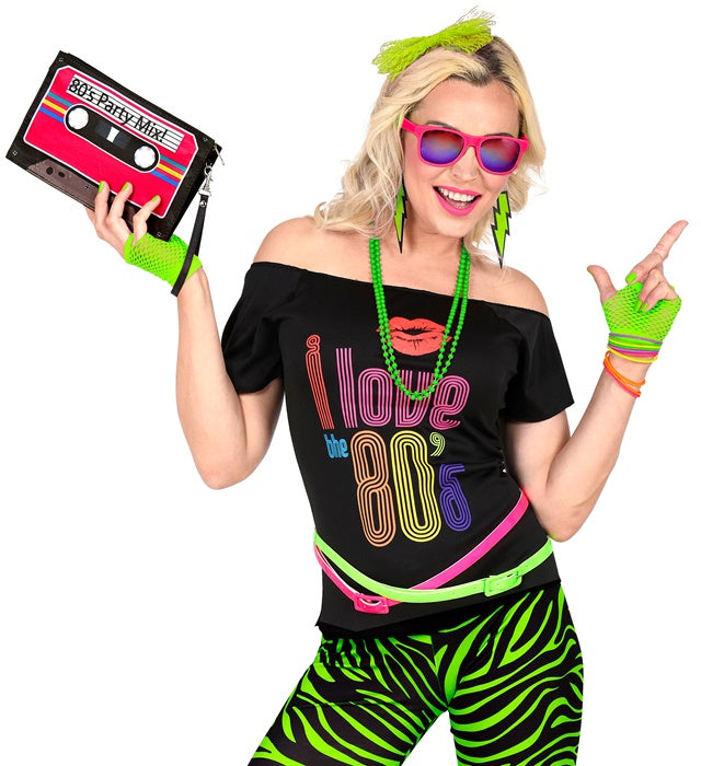 Neon Green The 80S Fashion Accessories  Lace Bow Headband, 2 Beaded Necklaces, Pair Of Earrings, Pair Of Fingerless Fishnet Gloves, 10 Bracelets 