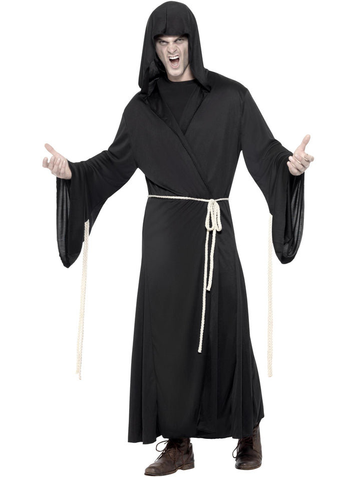 Grim Reaper Costume Adult Black Hooded Robe And Rope Belt