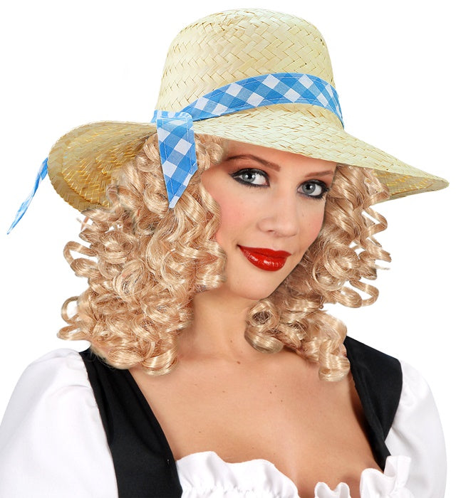 Straw Farmer'S Daughter Hat With Blue Ribbon
