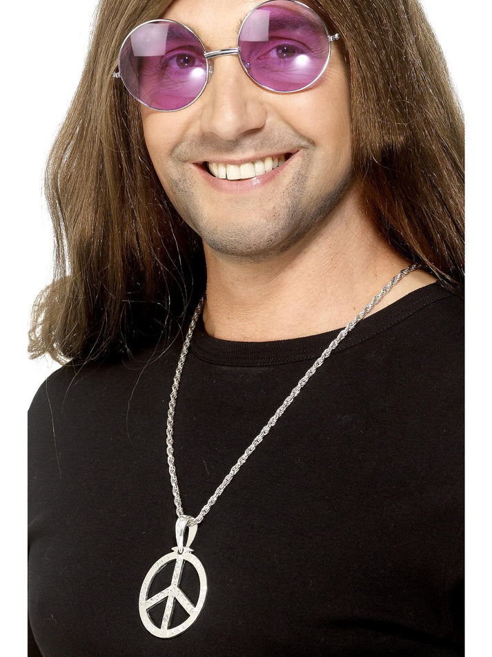 60s Peace Sign Hippie Medallion Silver 44cm Chain Adult Costume Accessory