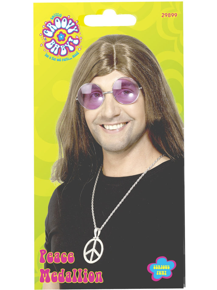 60s Peace Sign Hippie Medallion Silver 44cm Chain Adult Costume Accessory 1