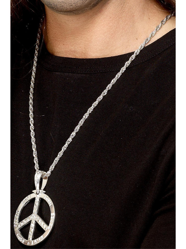 60s Peace Sign Hippie Medallion Silver 44cm Chain Adult Costume Accessory 2