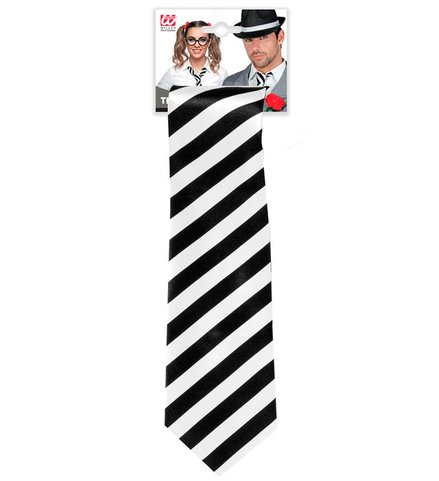 Satin Black & White Striped Tie
