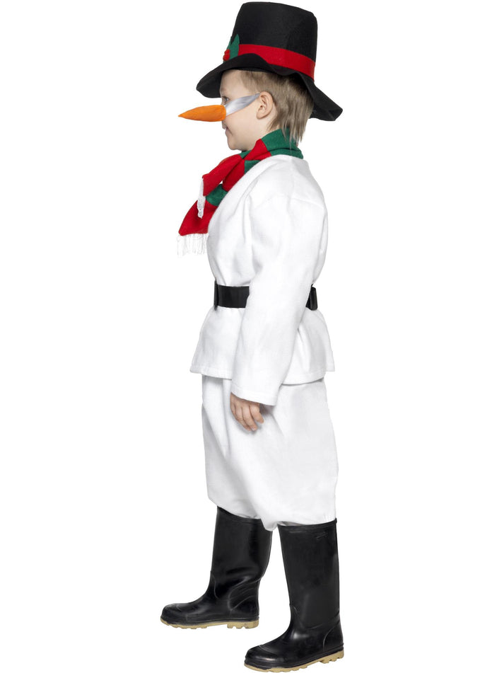 Snowman Costume Kids White Top Trousers Black Hat Scarf Belt and Carrot Nose 2