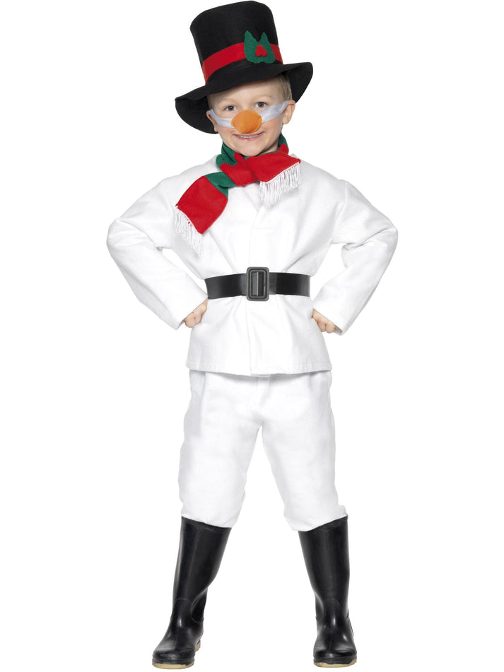Snowman Costume Kids White Top Trousers Black Hat Scarf Belt and Carrot Nose 1