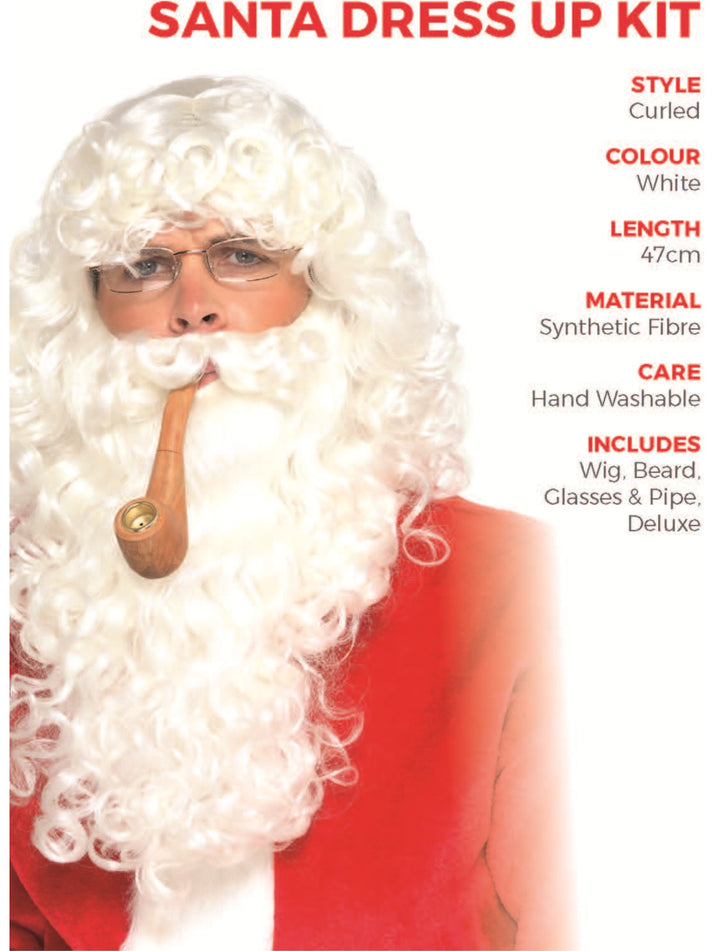 Santa Dress Up Kit Adult White Beard Wig Glasses Pipe