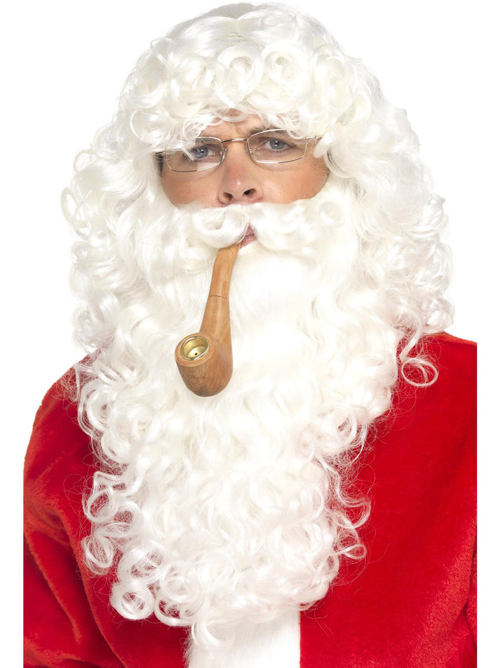 Santa Dress Up Kit Adult White Beard Wig Glasses Pipe