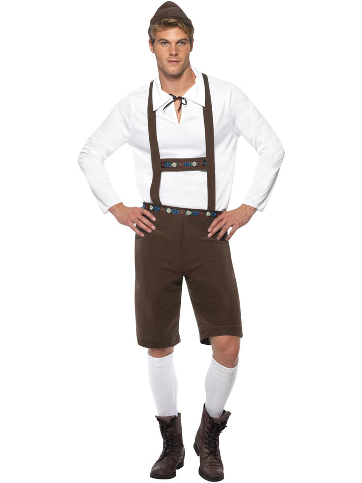Bavarian Man Costume Adult Brown Lederhosen Shorts With Braces White Top Brown Hat 2
