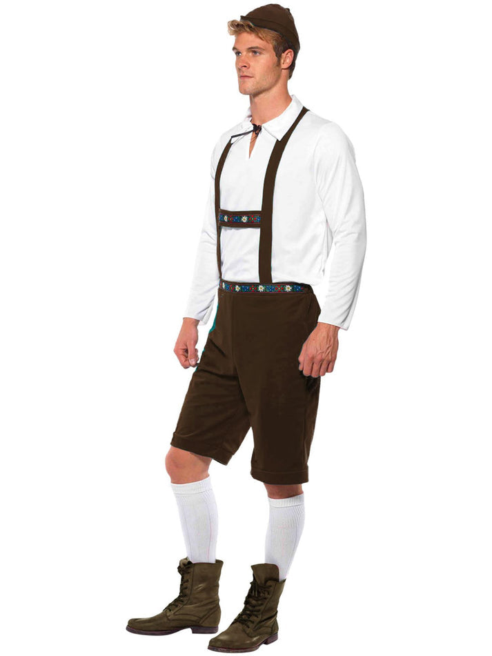 Bavarian Man Costume Adult Brown Lederhosen Shorts With Braces White Top Brown Hat 4