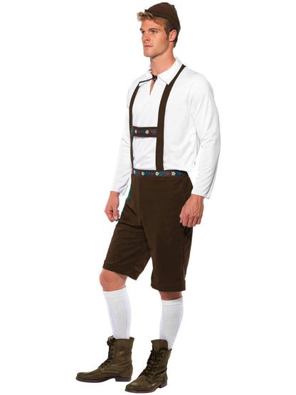 Bavarian Man Costume Adult Brown Lederhosen Shorts With Braces White Top Brown Hat 4