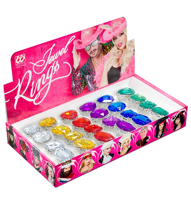 Colored Jewel Rings In Display Box - 4 Styles & 6 Colors Ass. 