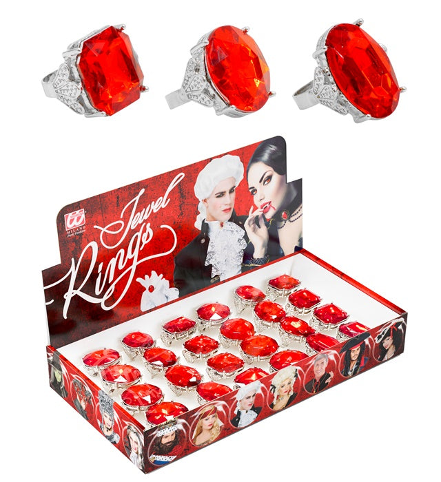Red Jewel Rings In Display Box - 3 Styles Ass. 