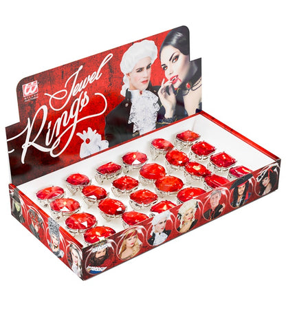 Red Jewel Rings In Display Box - 3 Styles Ass. 