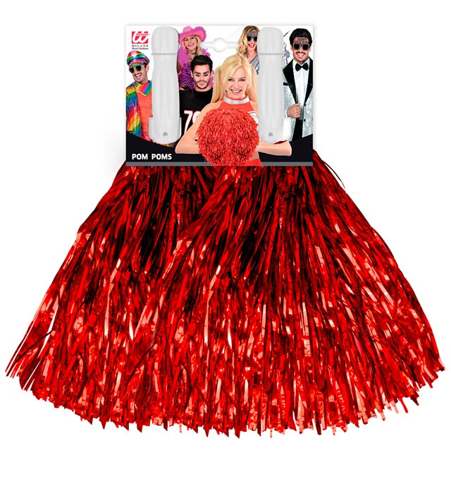 Set Of 2 Metallic Red Pom Poms