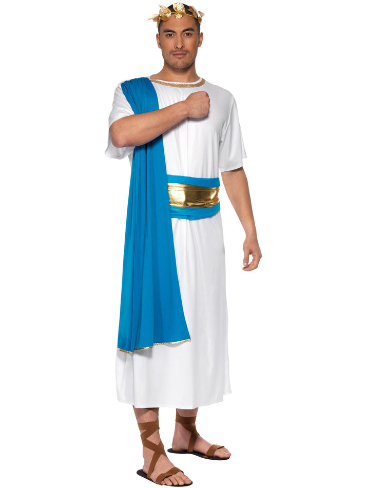 Roman Senator Costume Adult White Blue Robe Belt Headpiece