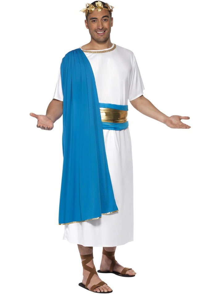 Roman Senator Costume Adult White Blue Robe Belt Headpiece 1