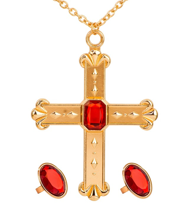Cardinal Set  Necklace With Cross, 2 Rings 