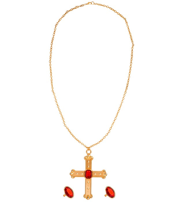 Cardinal Set  Necklace With Cross, 2 Rings 