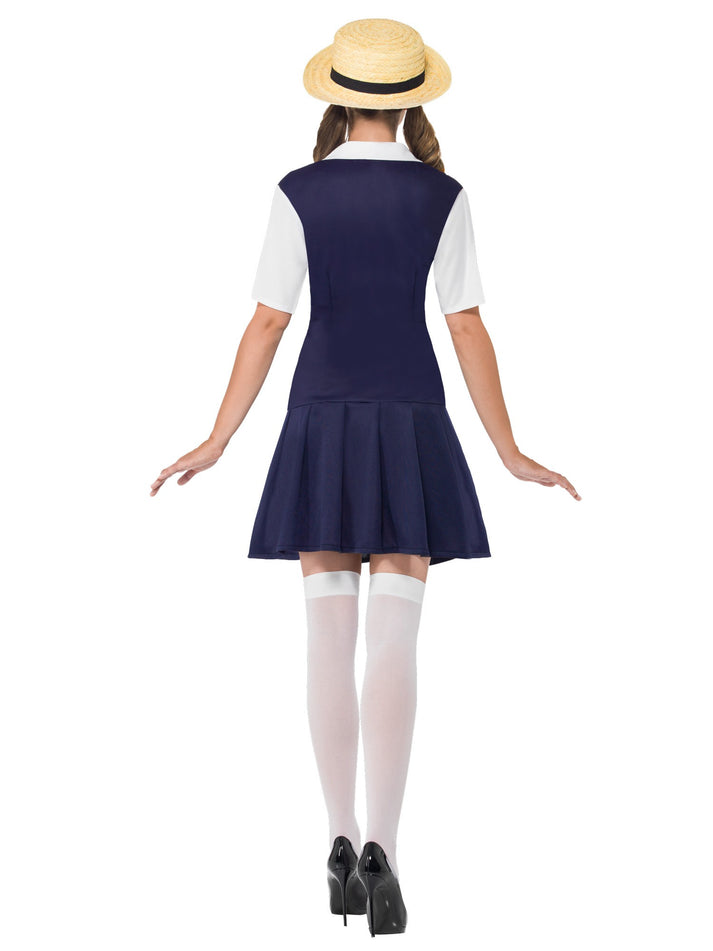 School Girl Costume Adult Black Dress Attached White Shirt Tie and Boater Hat 3