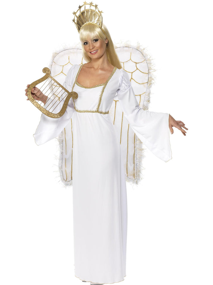 Angel Costume White Adult White Dress Gold Crown and Wings 4