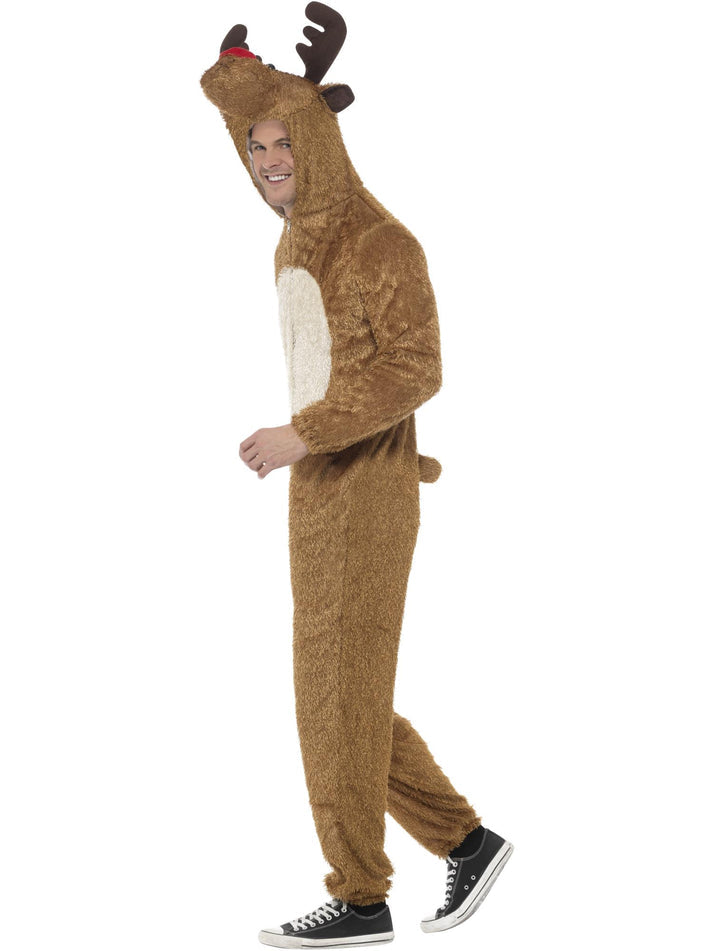 Reindeer Costume Adult Brown White Hooded Jumpsuit with Antlers and Face 2