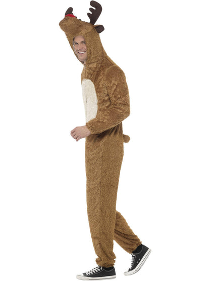 Reindeer Costume Adult Brown White Hooded Jumpsuit with Antlers and Face 2