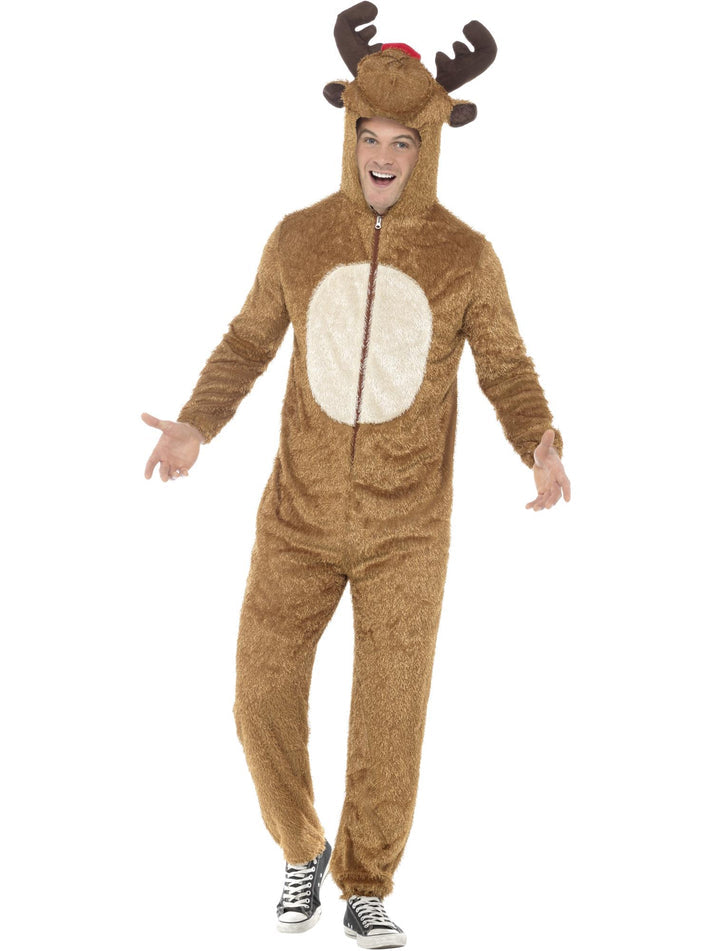 Reindeer Costume Adult Brown White Hooded Jumpsuit with Antlers and Face 1