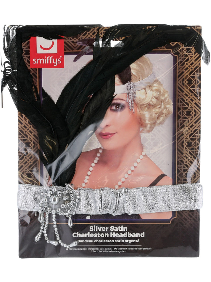 Silver Satin Charleston Headband Black Feather And Jewel