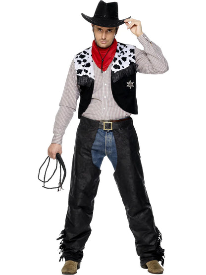 Cowboy Costume Black Chaps Waistcoat Belt Red Neckerchief Adult 2
