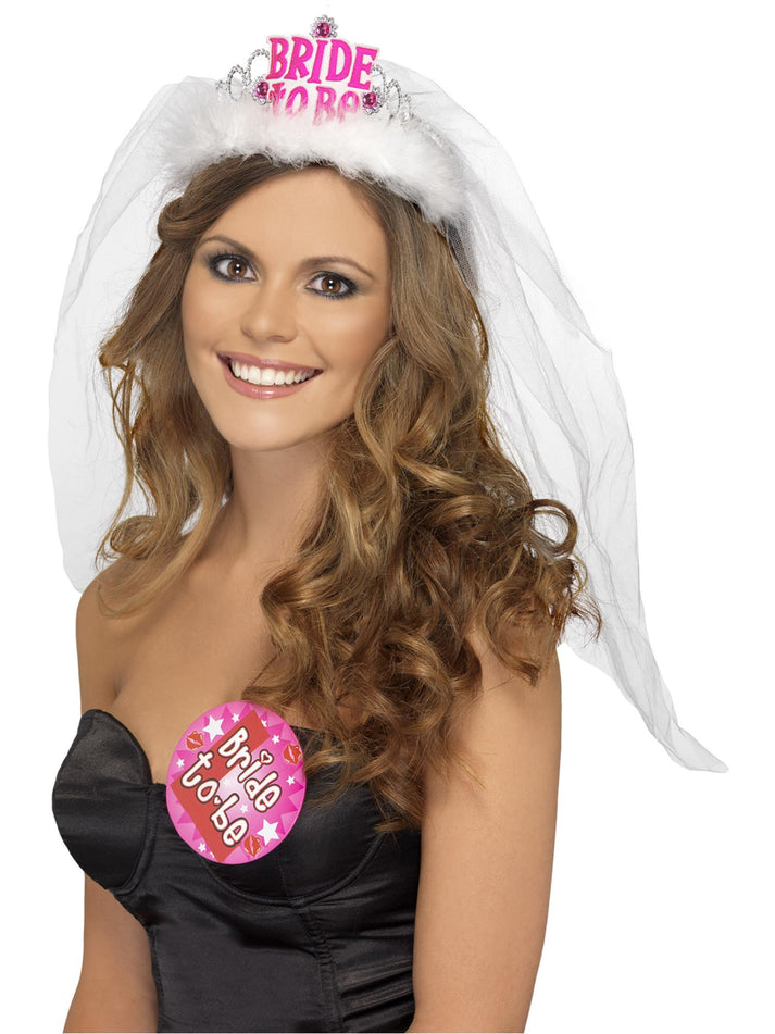 Bride To Be Tiara White Veil with Pink Bride To Be Lettering 1