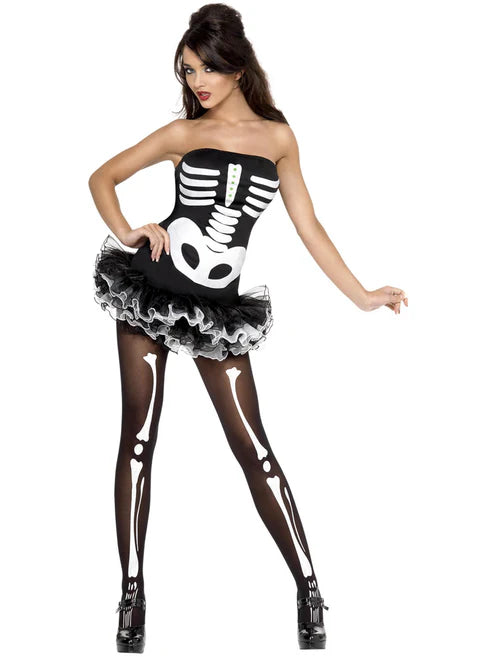 Fever Skeleton Costume Black Dress with Detachable Clear Straps