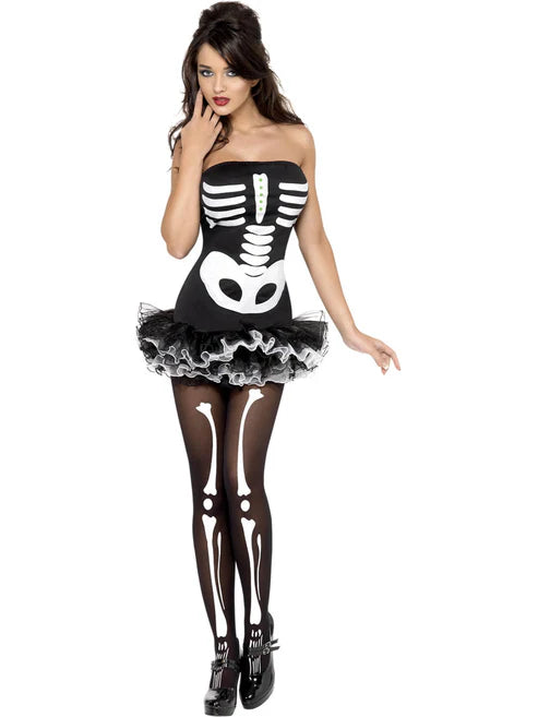 Fever Skeleton Costume Black Dress with Detachable Clear Straps