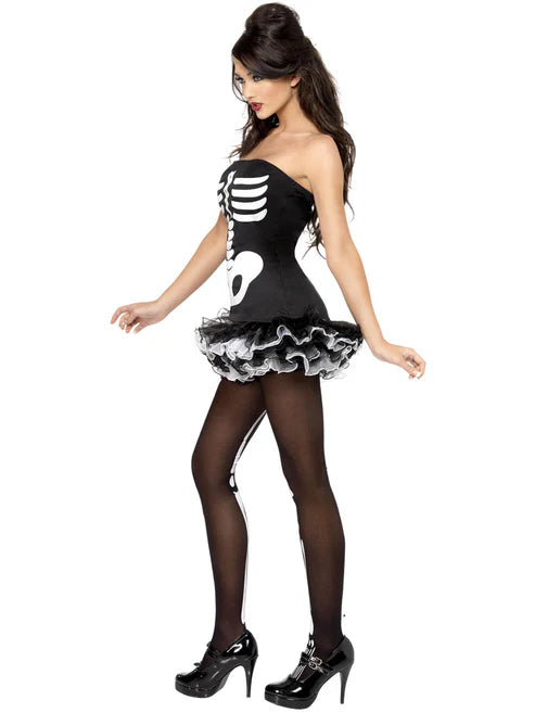 Fever Skeleton Costume Black Dress with Detachable Clear Straps