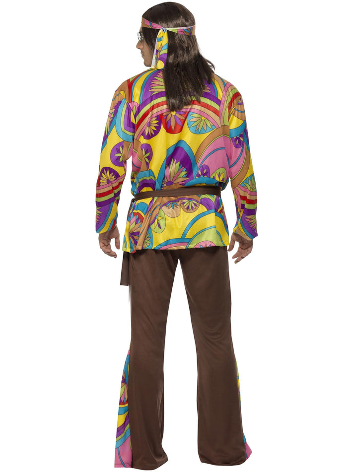 Psychedelic Hippie Man Costume Adult Multi Coloured Shirt Headband Brown Trousers Belt 3