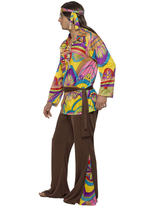 Psychedelic Hippie Man Costume Adult Multi Coloured Shirt Headband Brown Trousers Belt 2
