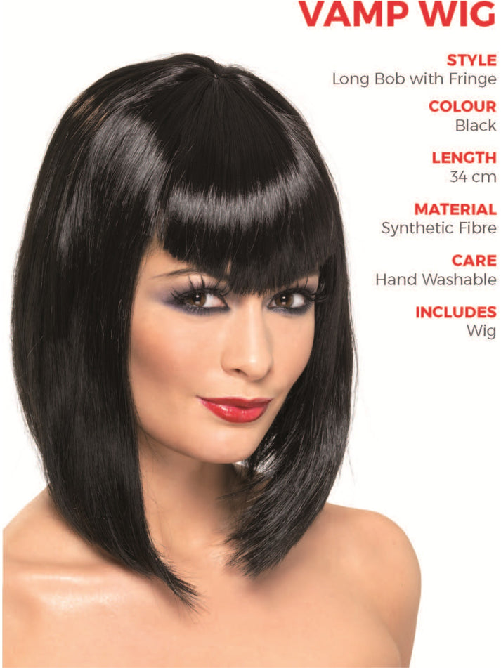 Vamp Wig Adult Black Short with Fringe Halloween Costume Accessory