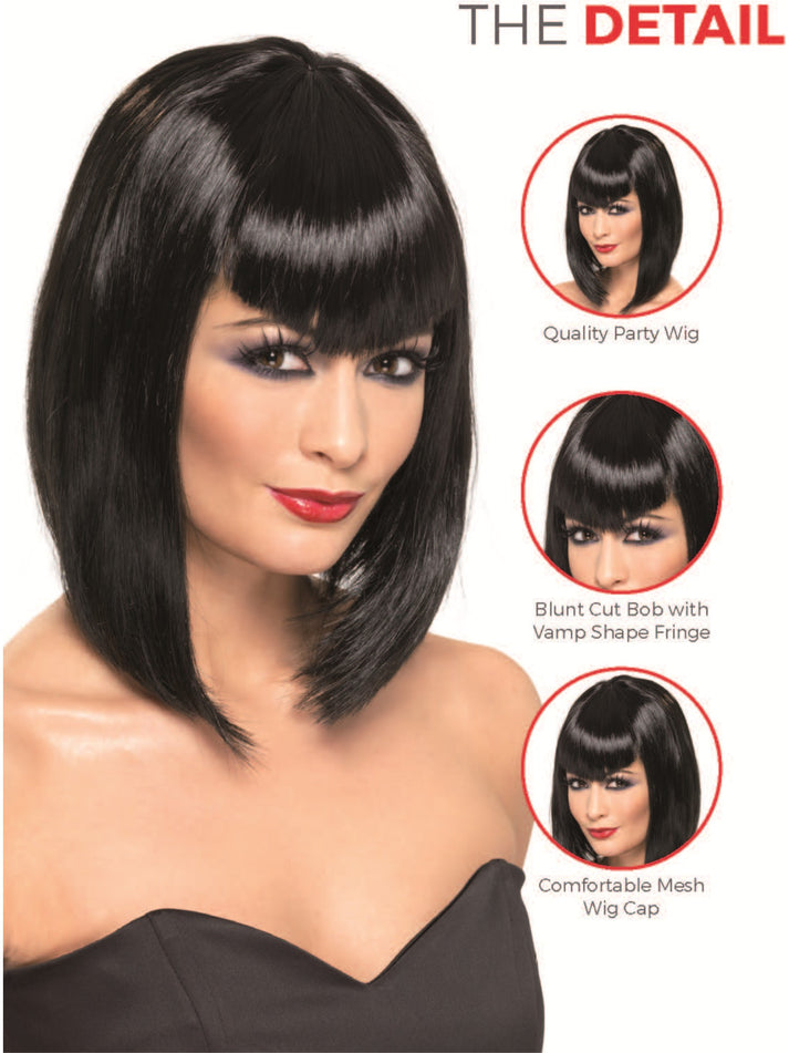 Vamp Wig Adult Black Short with Fringe Halloween Costume Accessory