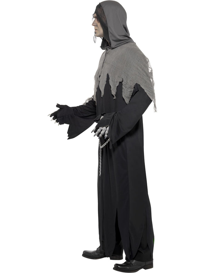 Grim Reaper Costume Adult Black Robe Grey Hood and Chain 2