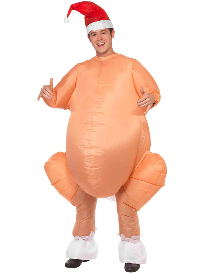 Inflatable Roast Turkey Costume Adult Nude Bodysuit with Self Inflating Fan and Xmas Hat
