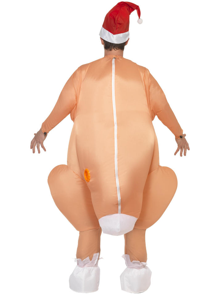 Inflatable Roast Turkey Costume Adult Nude Bodysuit with Self Inflating Fan and Xmas Hat